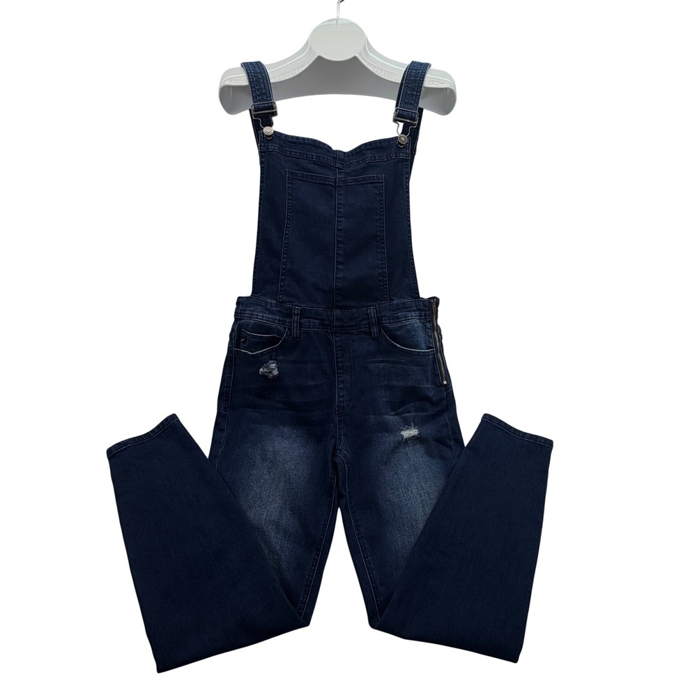 KanCan Women Dark Wash Distressed Denim Overalls Slim Leg Side Zip Bib Size M